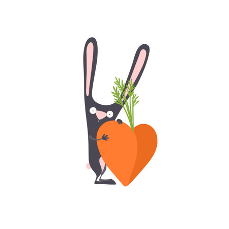 Cartoon black rabbit with carrot heart. Cute bunny with long ears.のイラスト素材