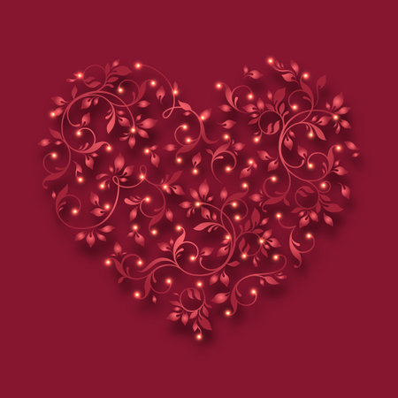 Red heart with glowing lights. Lace heart floral pattern. Elegant cards.のイラスト素材