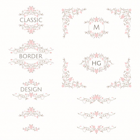 Set of classic border design with pink flowers. Decorative frame, monogram and title borders.のイラスト素材