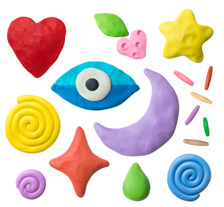Set of plastic objects. Handmade hearts, eyes, moons, stars, drops, berries, snails. modeling clay.の写真素材