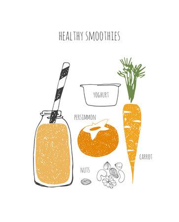Hand drawn healthy smoothie recipe. Doodle nuts, carrot, yoghurt, persimmon.のイラスト素材