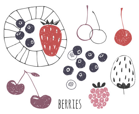 Doodle berries set. Textural cherries, blueberries, raspberries, strawberries.のイラスト素材