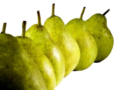 Row of green organically grown pears isolated on white.の写真素材