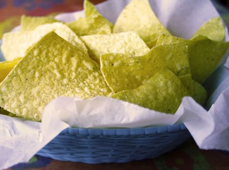 Tortilla chips in a basket at a Mexican restaurant.の写真素材