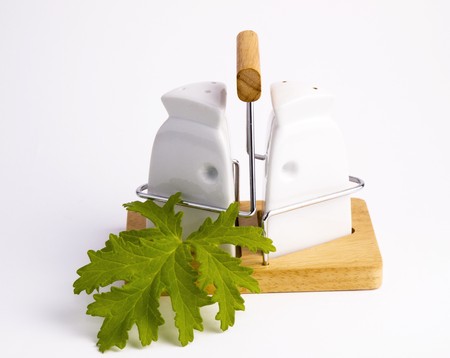 Salt cellar and pepperpot on white background.の写真素材