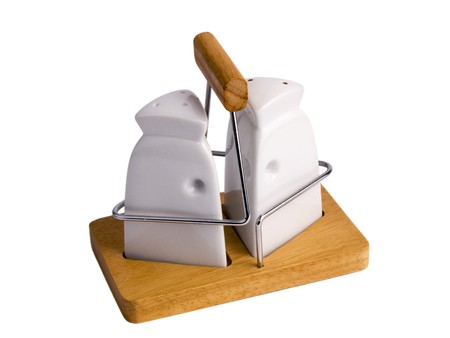 Salt cellar and pepperpot on white background.の写真素材