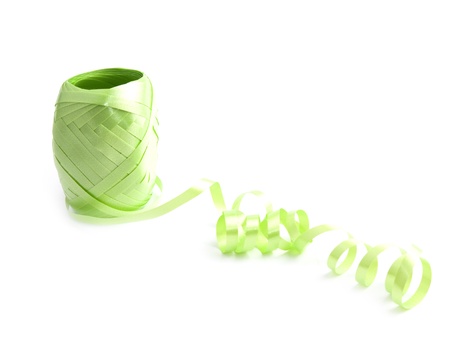 Green ribbon on white backgroundの写真素材