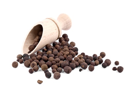 Whole allspice berries  and wooden shovel on white backgroundの写真素材