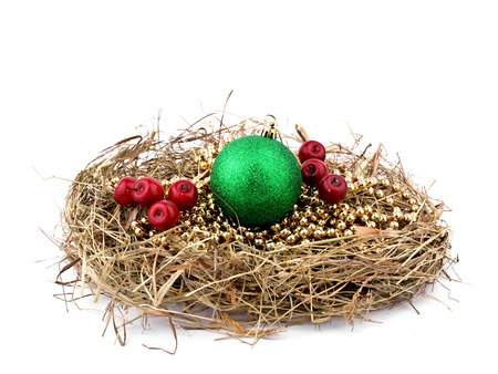 Christmas wreath with ornaments on white backgroundの写真素材