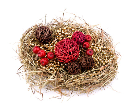 Christmas wreath with ornaments on white backgroundの写真素材