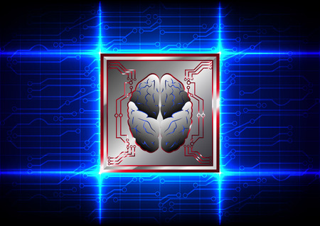 Abstract brain with circuit board technology on blue color background