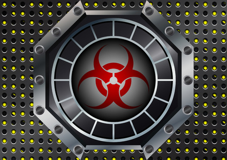 Abstract Biohazard Symbol with metal grid on yellow and black stripesのイラスト素材