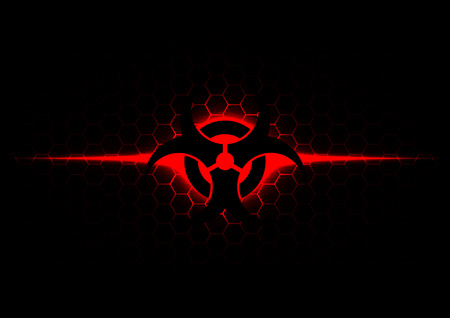 Abstract biohazard symbol with hexagon pattern on dark red backgroundのイラスト素材