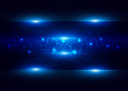Abstract futuristic circuit with lighting technology dark blue color background. digital technology conceptのイラスト素材