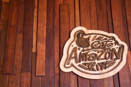 chiang khan loei Thailand, 22/12/2019: Cafe Amazon logo sign. Thai franchise coffee in Thailandのeditorial素材