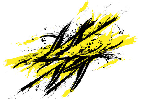 Abstract Black and Yellow Grunge Brush Stroke Texture. Grungy Black and Yellow Brush Strokes on White Background. Illustration vector designのイラスト素材