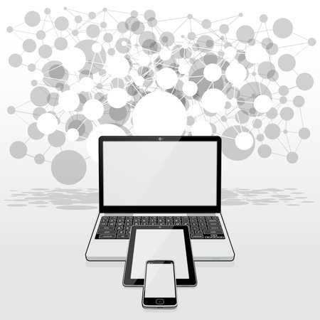 A Laptop computer, Tablet PC and Smart Phone all presented against grid pattern of connected circles representing a global WWW network.のイラスト素材