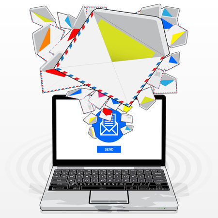 A Laptop Computer, sending and receiving electronic mail. Illustrated is a stream of email randomly emitting / streaming from its display screen.のイラスト素材
