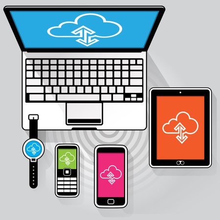A flat stylised Laptop computer, Tablet PC, Smart phone, Feature phone and Smart watch connected to the WWW streaming data.のイラスト素材