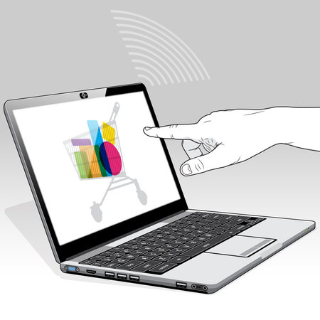 A touch screen laptop computer with a filled shopping cart icon on screen. A WiFi connection signal is also visible on the right screen corner.のイラスト素材