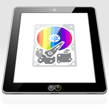 A Tablet PC syncing information and data to the Data Cloud. A virtual Hard Drive icon â symbol is presented on screen.のイラスト素材