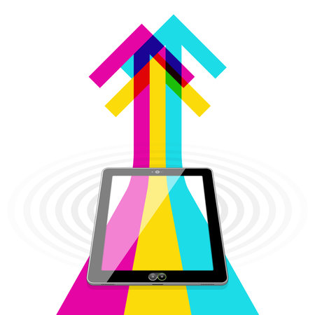 A Tablet PC overlaid with 3 overlapping arrows representing a strong data stream wirelessly uploading to the Cloud / Internet.のイラスト素材