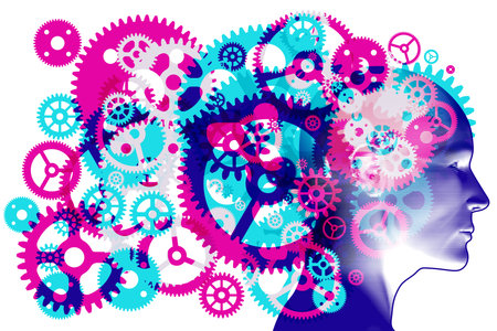 A figure head side profile overlaid with various sized semi-transparent overlapping machine cogs and gears representing hard work and processes.のイラスト素材