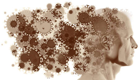 A side human figure surrounded by airborne infectious COVID-19, Coronavirus cells and particles.の写真素材
