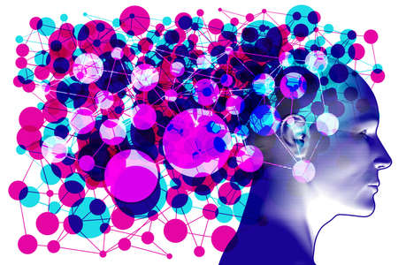 A head side profile overlaid with a various sized semi-transparent overlapping network â€œnode...
