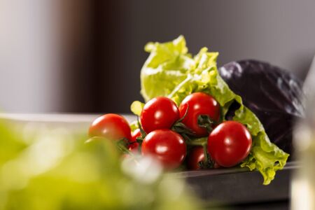 Fresh vegetables at kitchen restaurant. Macro cherry tomatoes, lettuce and red cabbage. Organic healthy food at professional kitchen.の写真素材