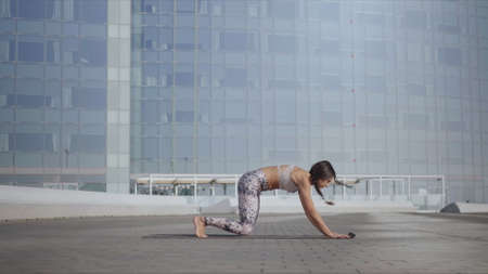 Side view focused woman standing in plank on yoga mat at urban space. Fit girl doing upward facing...