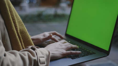 Closeup woman hands using computer with green screen outside. Close up female student hands typing...