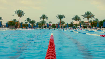 Open air pool at luxury resort in egypt in summer. Swimming pool surrounded by green palm trees in sunset at hurghada. Beautiful hotel lido panorama.の写真素材