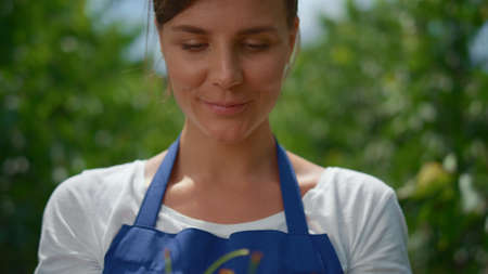 Woman agronom showing cherry in summer garden. Close up farm worker hands holding berries in greenhouse orchard. Gardener present harvest at farmers market. Agribusiness cultivation product concept.の写真素材