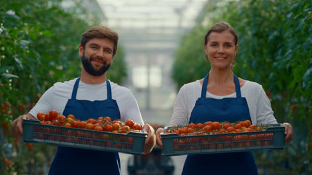 Team farmers holding tomato vegetable box of organic food looking camera joyfully. Entrepreneur couple business owners farming agriculture in greenhouse. Teamwork lifestyle seasonal harvest concept.の写真素材