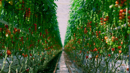 Cherry tomato ripening plantation farm industry. Green and red vegetable plants growing greenhouse. Fresh organic agricultural harvest business. High antioxidant bright seasonal bushes. Vegan concept.の写真素材