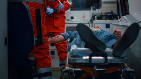 EMS paramedics treating patient with wound on hand in emergency car. Medical assistants bandaging bleeding man arm with elastic bandage. Ambulance doctors providing medical help to victimの写真素材