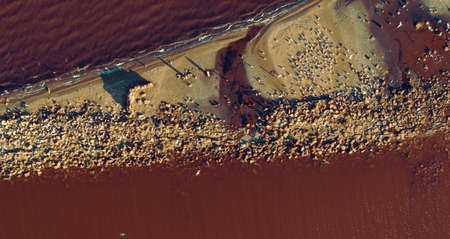 Top view sandy beach with pink sea waves splashing sand beach. Red sea coastline sand beach. Drone...