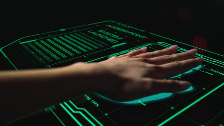 Personal hand identification successfully launching modern digital application. Futuristic system...