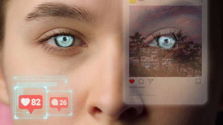 Face social network hologram feed scrolling process look new app post closeup. Futuristic eye media...
