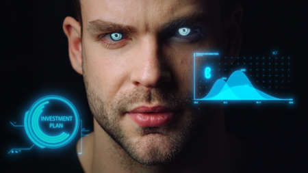 Financial holograms with businessman face collect data analyze profit closeup. Digital iris...