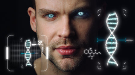 Portrait man dna holograms vision analysing genes collecting biological data. Biochemistry...