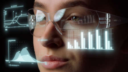 Technological glasses display graphs important economical statistics. Closeup woman entrepreneur...
