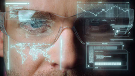 Closeup digital entrepreneur hologram glasses displaying important global data graphs. Businessman...