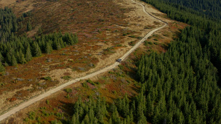 Aerial car on mountain road view going camp among green rocky trees growing. Charming landscape...