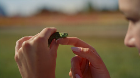Closeup green lizard in female hands outdoor. Closeup smiling woman profile looking at small lizard...