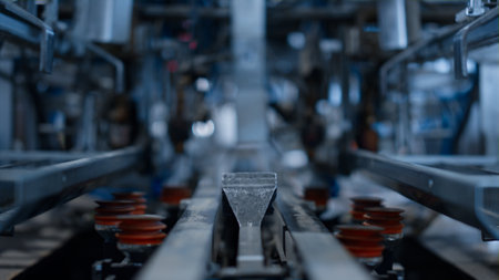 Factory wires automat cardboard box production in manufacture facility close up. Modern technological conveyor line system working at automated producing. Mechanism manufacturing equipment conceptの写真素材