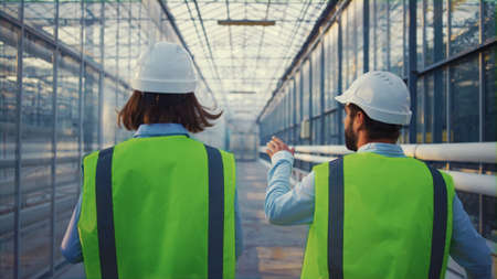 Engineering supervisors examining factory analysing data discussing safety. Engineers walking in...