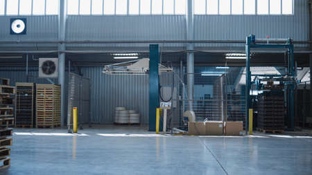 Large factory warehouse products at shipment complex distribution. Manufacture storehouse building...