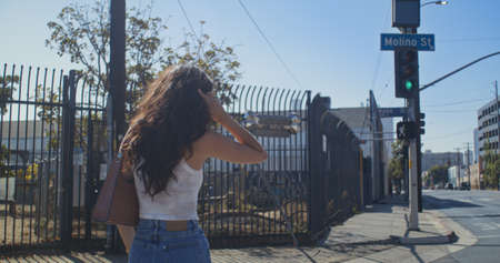 Unrecognizable dark hair woman crossing street on summer weekend. Back view young girl going...